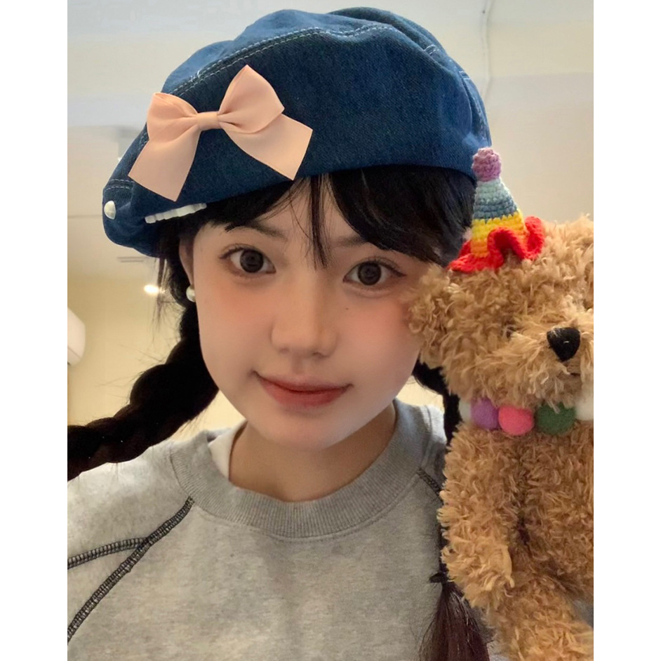 日系甜美蝴蝶结牛仔贝雷帽女夏季休闲百搭大头围显脸小蓓蕾画家帽