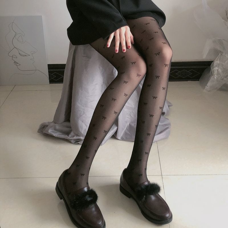 Polka Dot Stockings Anti-Snagging Japanese Lolita Jacquard Bow Love Pantyhose Slim Thin Sexy Black Silk Jk