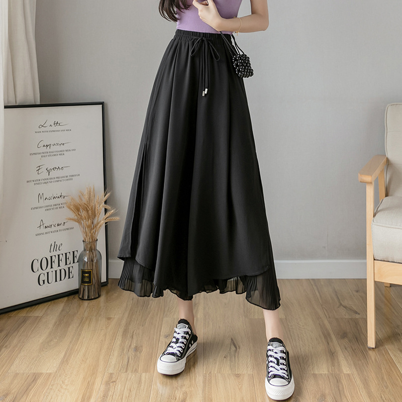 Real Shot Chiffon Wide-Leg Pants Women's 2024 Summer High Waist Culottes Loose Drooping Elegant Cropped Pleated Divided Skirt