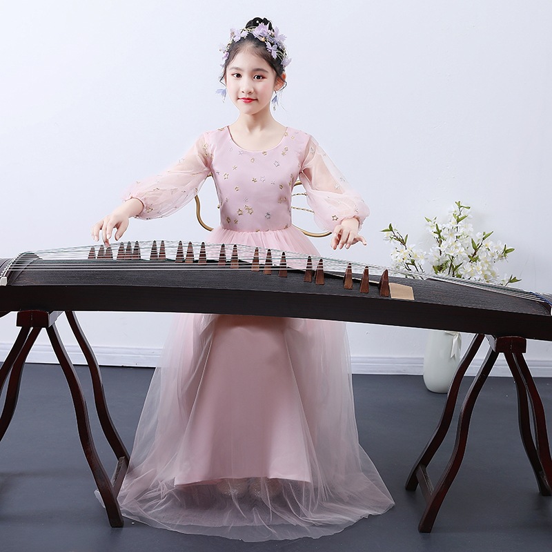 女童古筝演出服中国风古典粉色气质走秀礼服学生考级舞台表演礼服