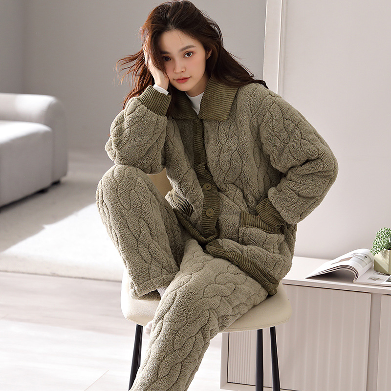 女睡衣冬季加绒加厚冬款三层保暖夹棉毛毛棉袄可外穿家居服秋冬天