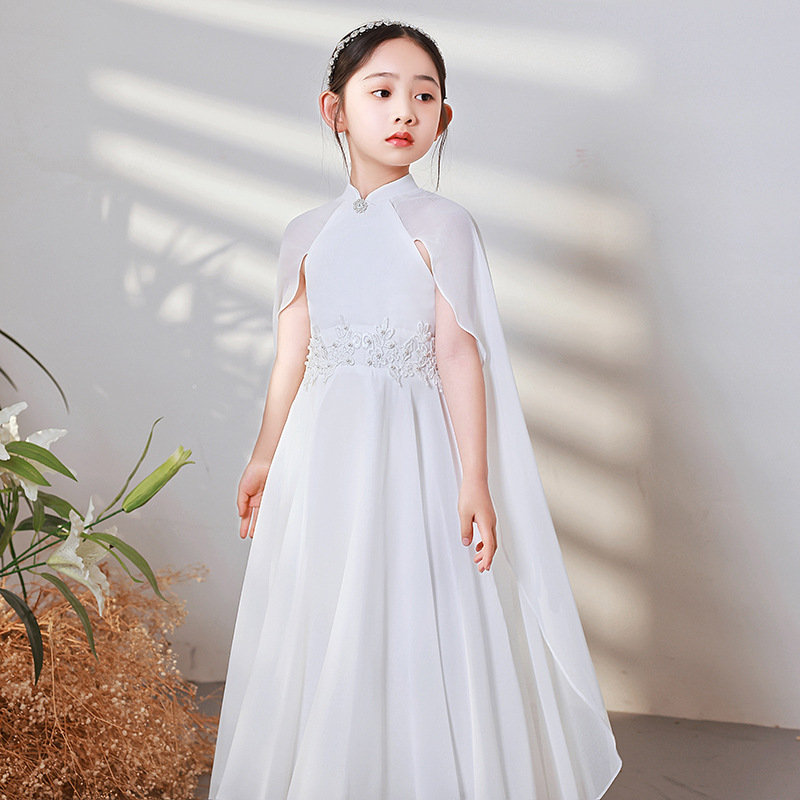 女童古筝演出服装大童儿童白色旗袍中国风演奏朗诵比赛合唱表演夏