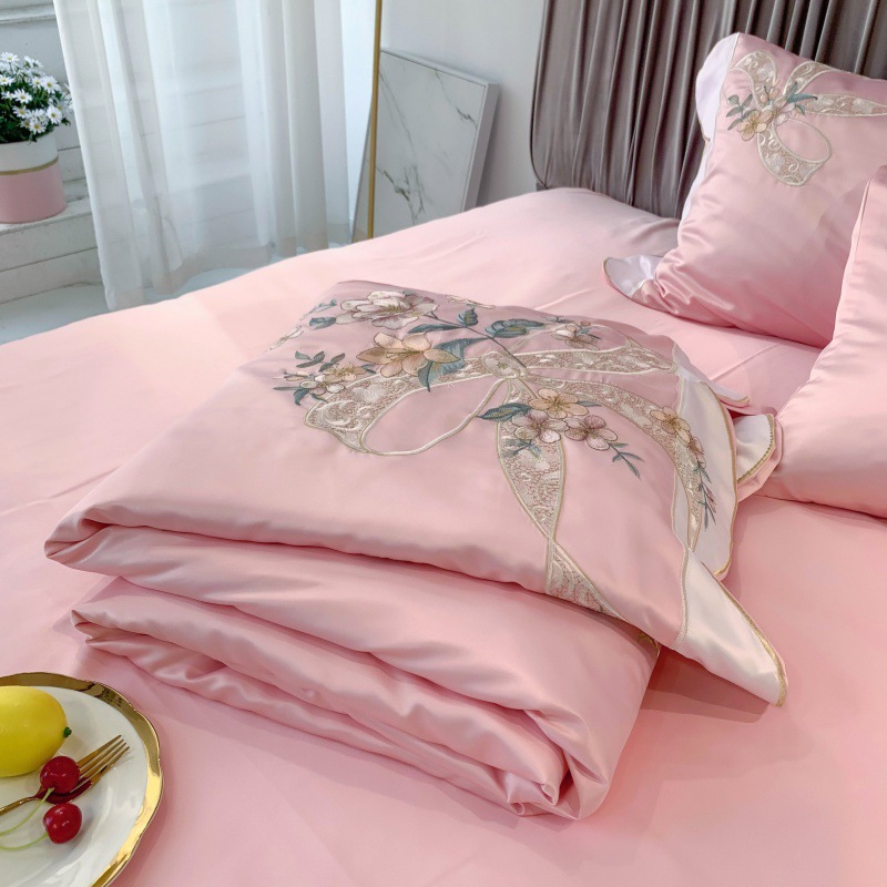 绣花空调被四件套夏季冰丝夏凉被结婚庆被子喜被粉色婚被陪嫁刺绣