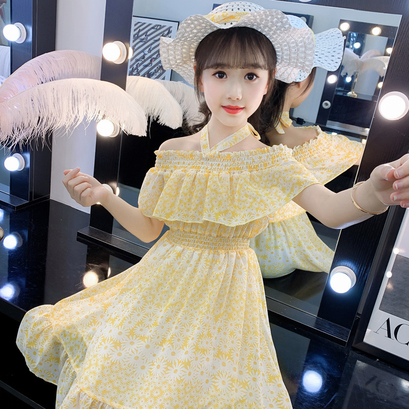 女童夏季一字肩雪纺连衣裙露肩儿童2021新款中童裙子女大童公主裙