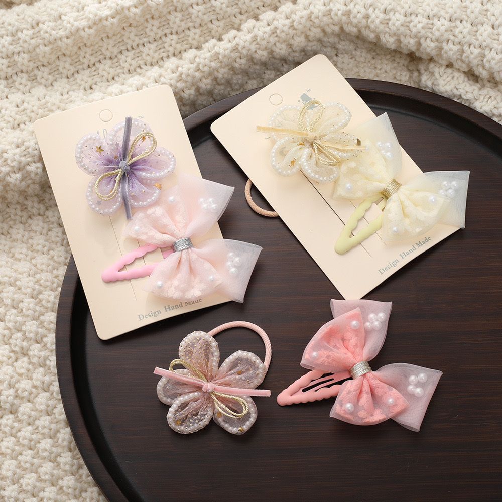 公主儿童雾纱刺绣珍珠可爱蝴蝶结发夹宝宝网纱珍珠花朵发绳仙女