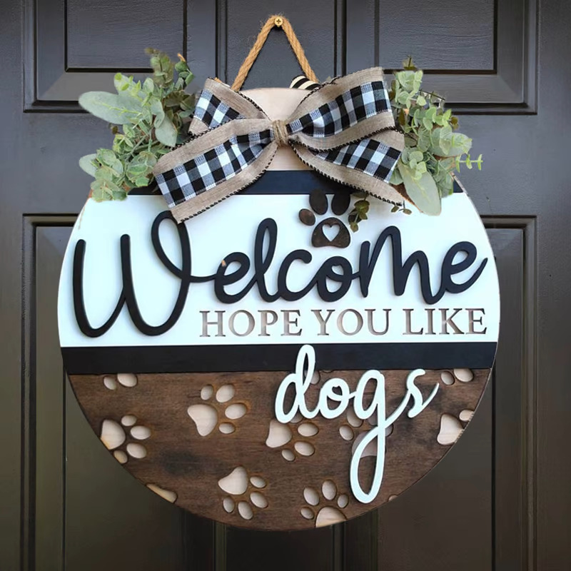 Solid Wood Pendant Spring Animal Dog Welcome Back Home Door Hanging Decorations Wooden Craftwork Pendant