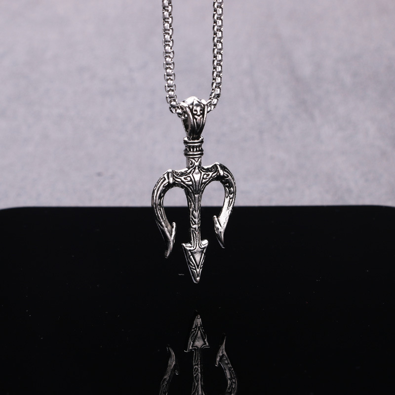 海王三叉戟项链男潮流个性霸气长款毛衣链时尚复古仿泰银叉子嘻哈
