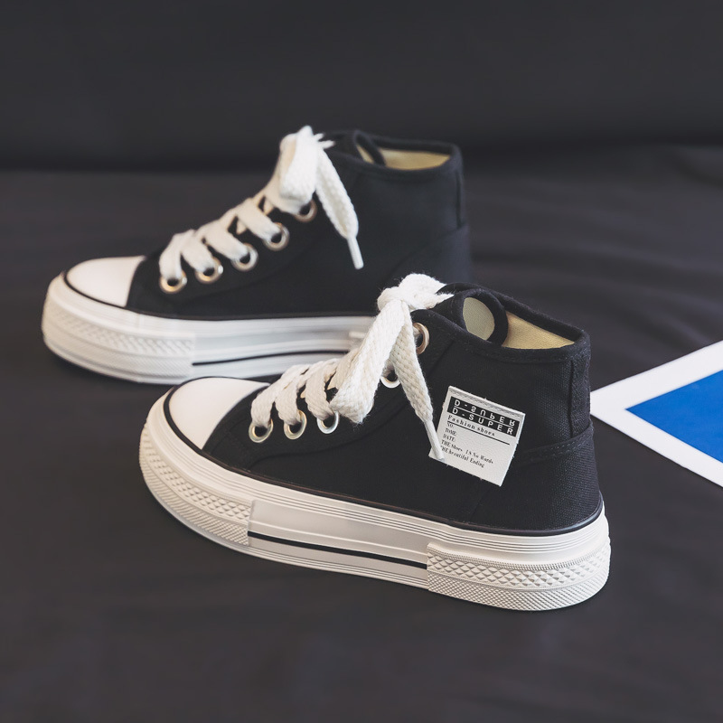 夏季爆款高帮厚底黑色帆布鞋女款2024新款薄款休闲布鞋板鞋球鞋子