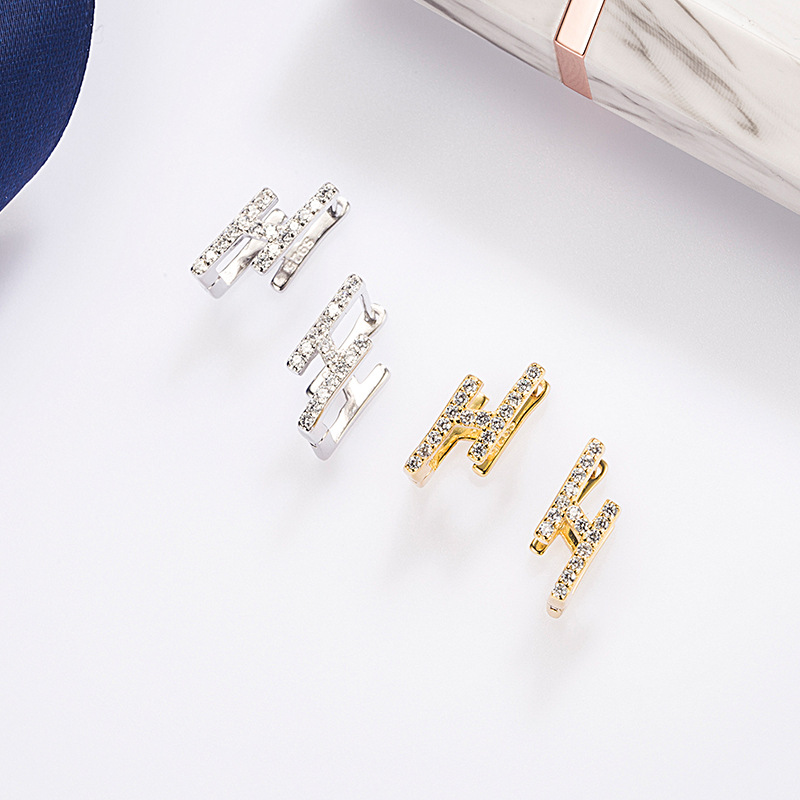 S925 Sterling Silver Lightning H Letter Ear Clip Mini Korean Style I-Shaped Geometric Micro-Inlaid Earrings for Girlfriends