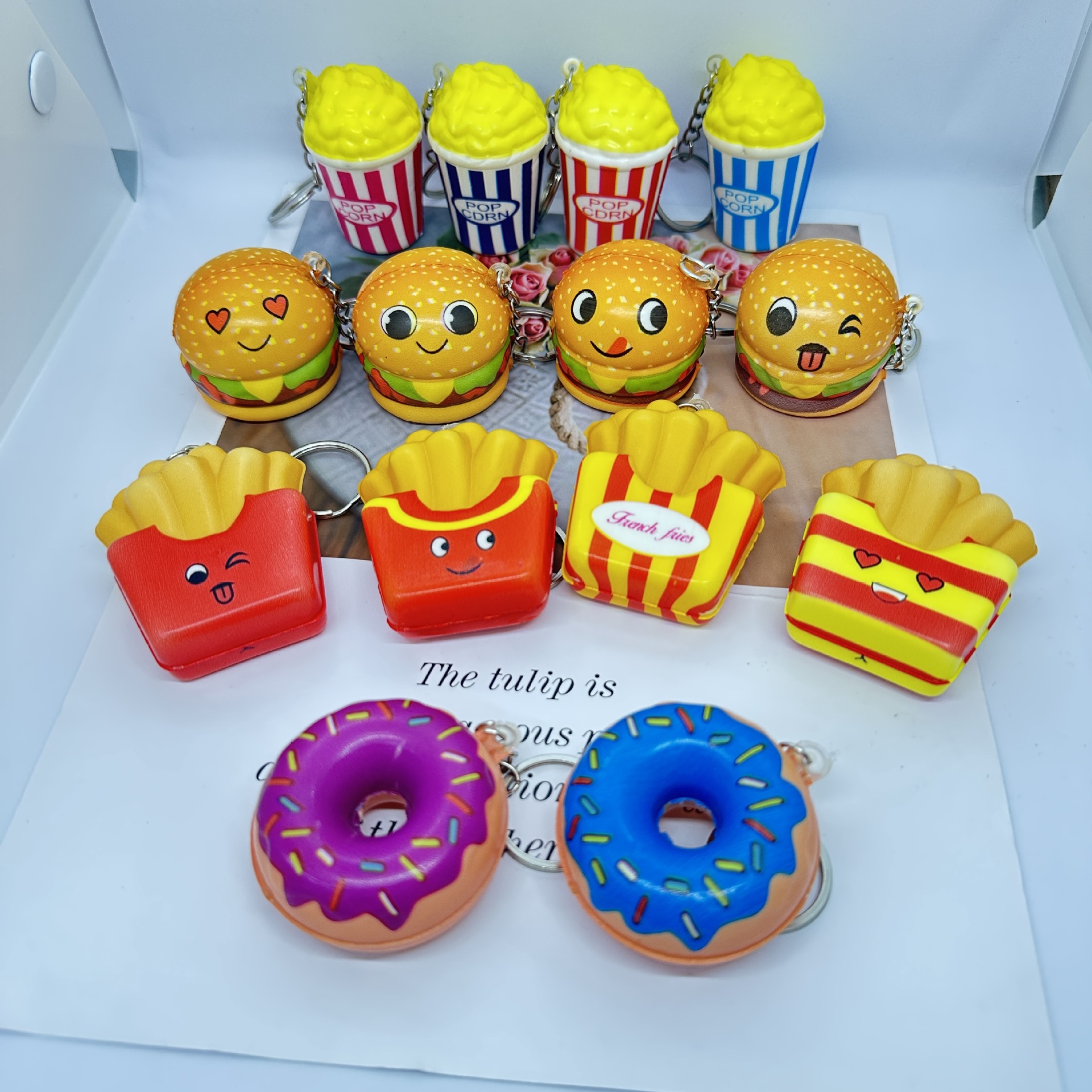 Step into the New Squishy Squishy Toys Simulation Donut Cola Drink Hamburger Fries Keychain Pendant