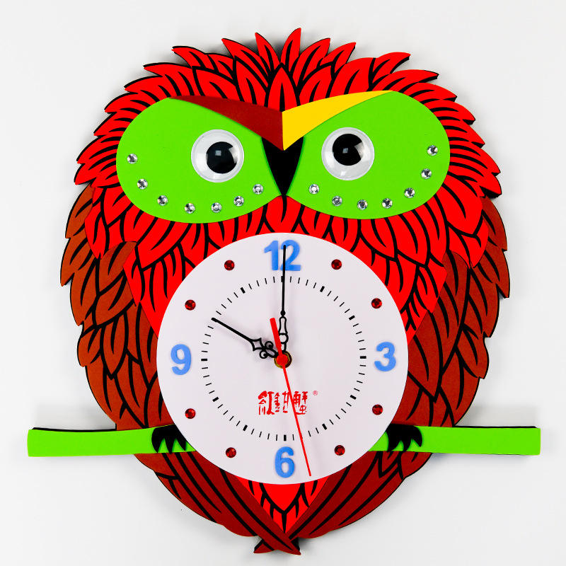 eva猫头鹰挂钟创意手工diy卡通动物教学时钟儿童房装饰工艺品礼品