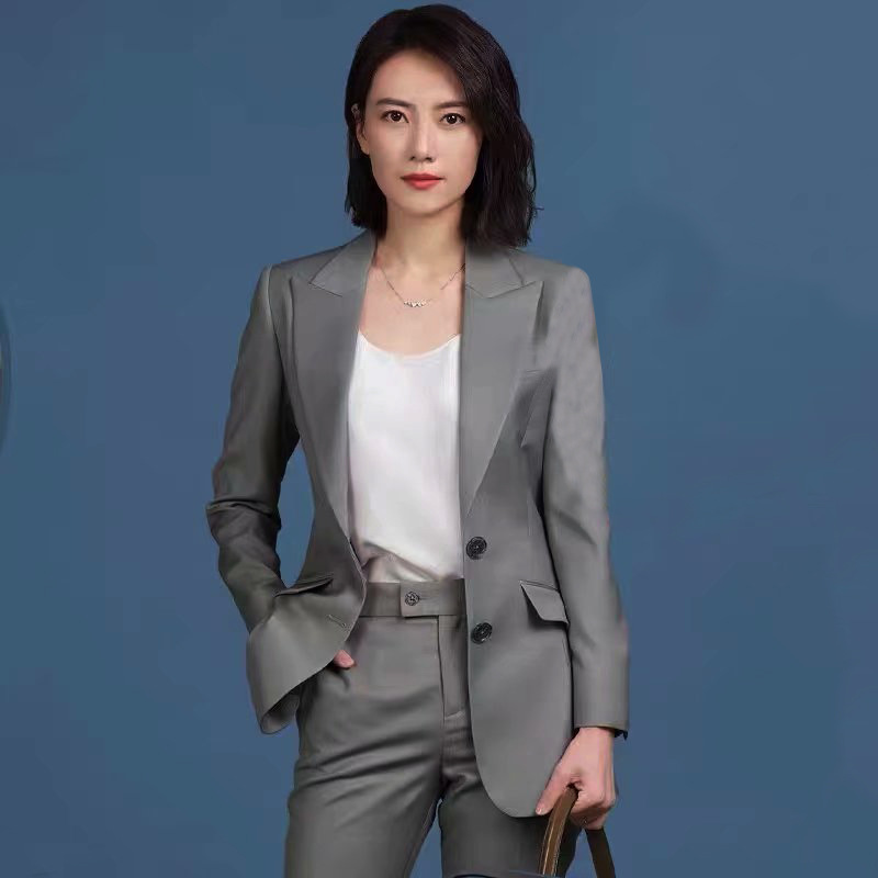 美伴侣高圆圆陈珊同款ol通勤两件套气质灰色西装外套长裤西服套装