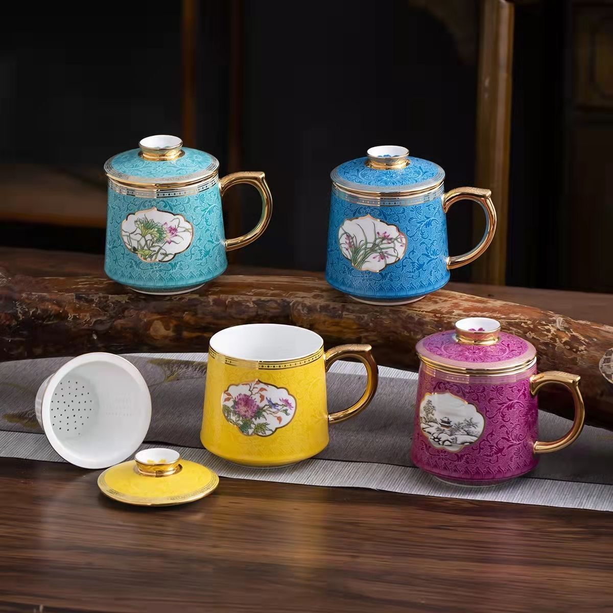 景德镇陶瓷泡茶杯茶水分离会议杯描金珐琅彩商务办公杯子家用带盖