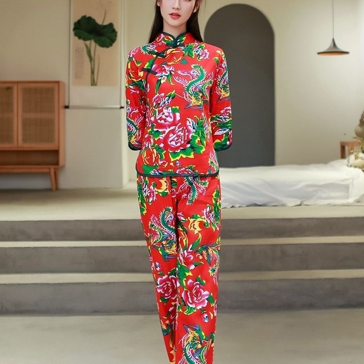 网红东北大花套装村姑花布衣服睡衣民族风秧歌舞演出服装国潮女装
