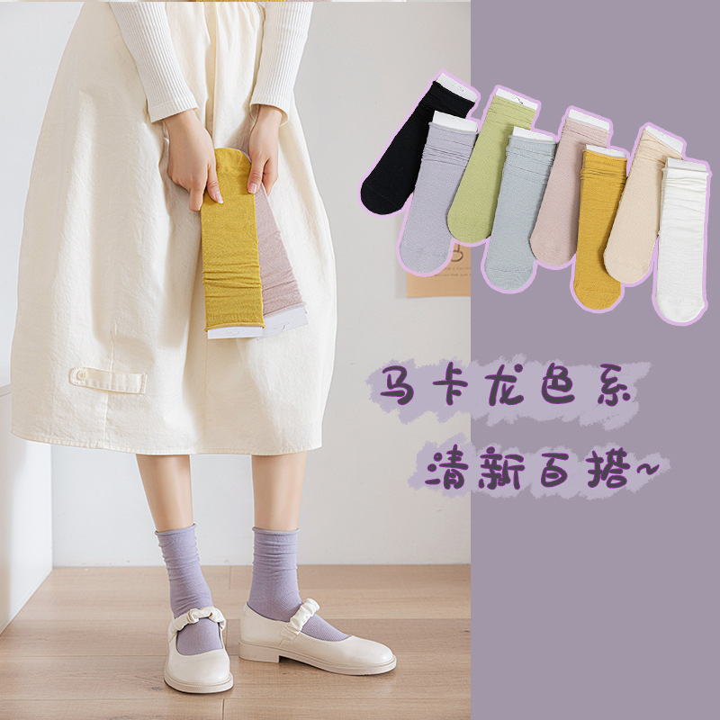 SocksSocks for Girls Spring and Summer New Ins Fashion Tube Socks Women's Two-Way Wear Curling Bunching Socks Macaron Color Series Stockings