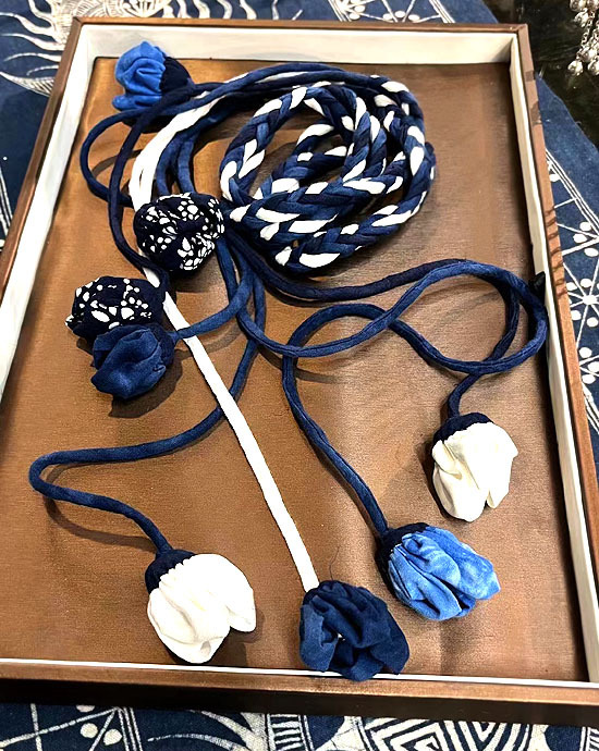 云南民族饰品蓝染布手工编织腰带 扎染花朵 南瓜布艺项链