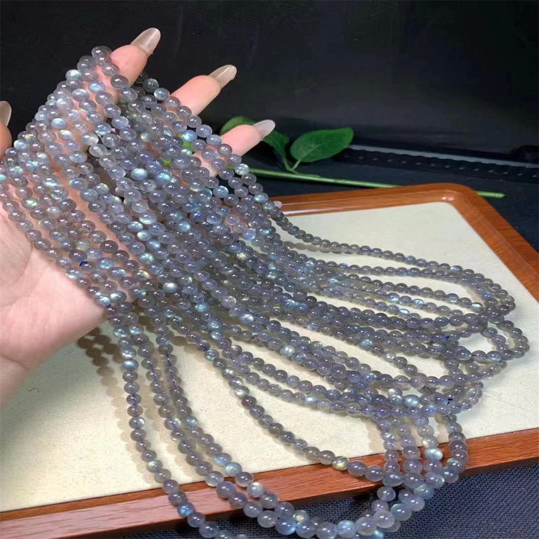 工厂批发灰月光拉长石三圈佛珠手链彩蓝光多圈月光石水晶女式手链