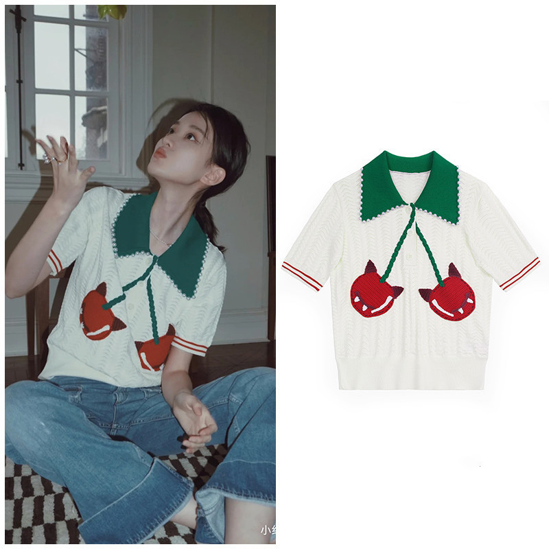 2021乔欣抖音同款珍珠领樱桃针织衫短袖t恤感复古冰丝衫女上衣
