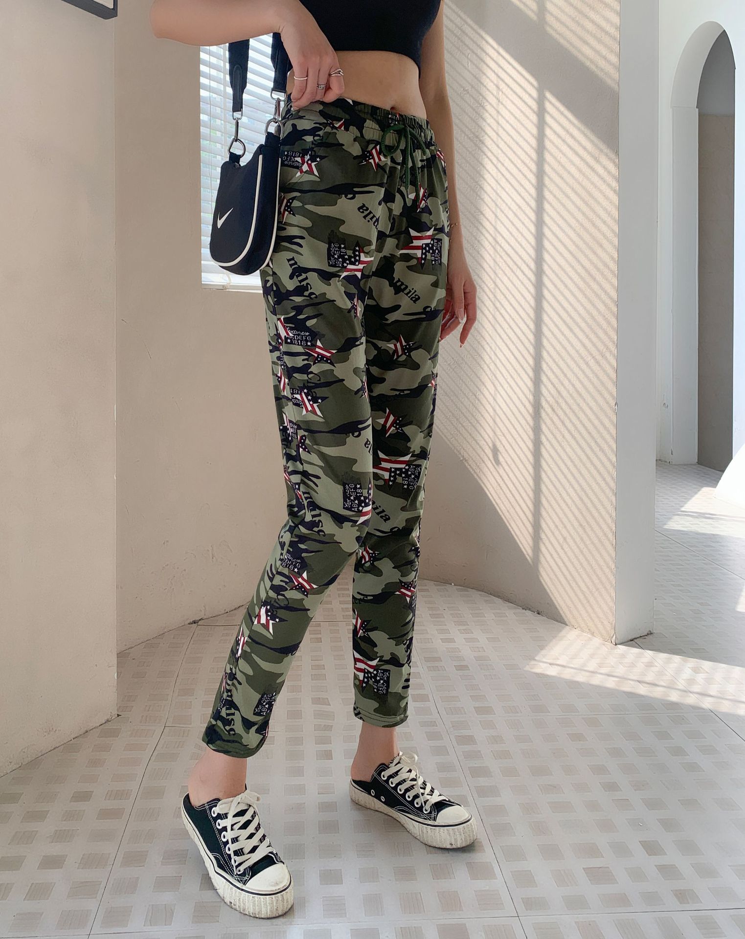 春秋季迷彩女工装裤女裤宽松大码长裤高腰弹力中厚款女休闲裤批发