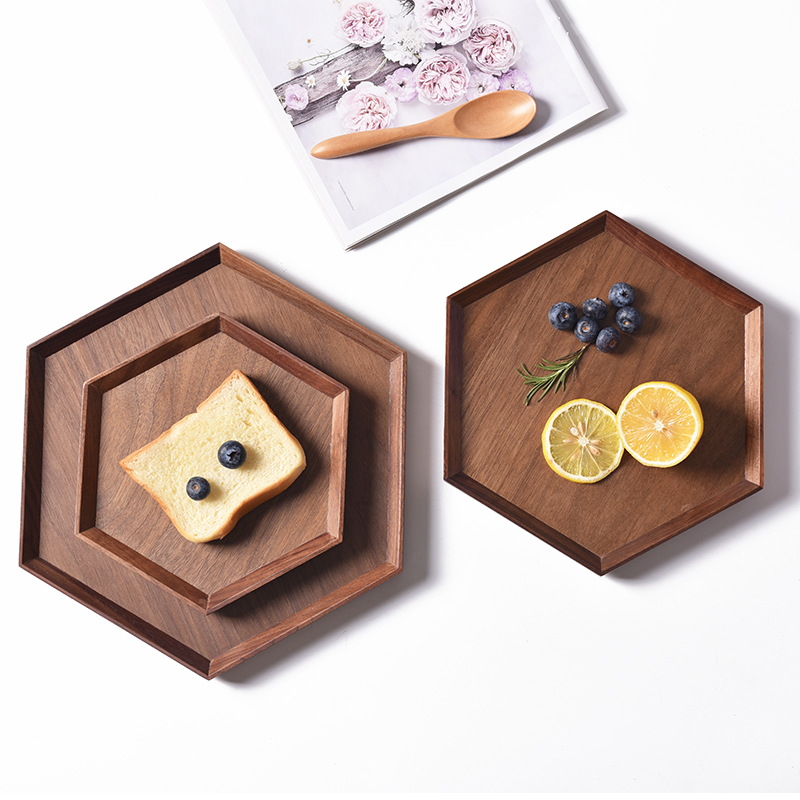 New Chinese Style Wood Pallet Square Western Food Fruit Pizza Wooden Tray Black Walnut Mortise and Mortise Structure Inner Oblique Plate
