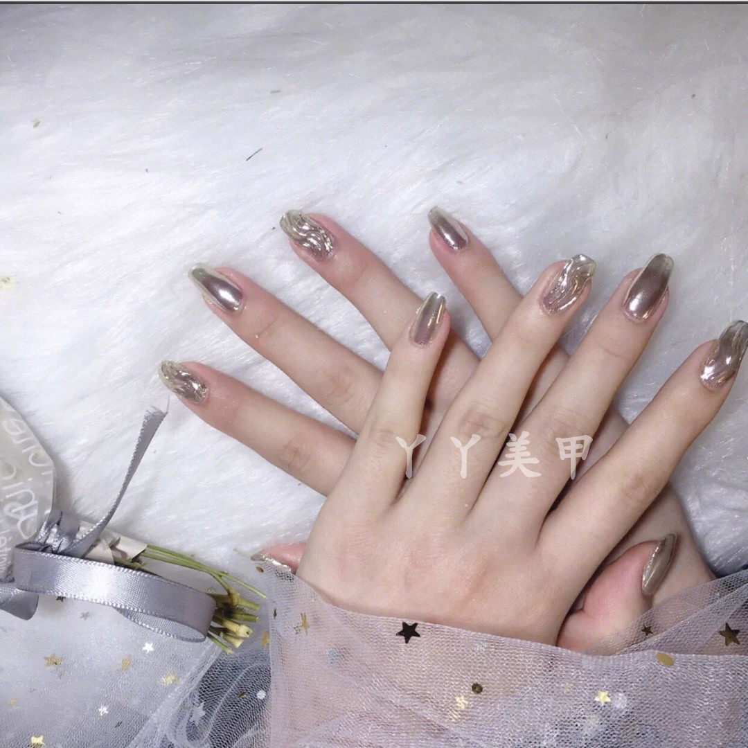 水波纹仙女美甲成品网红美甲图片墨镜粉穿戴甲片奢华穿戴式可拆卸