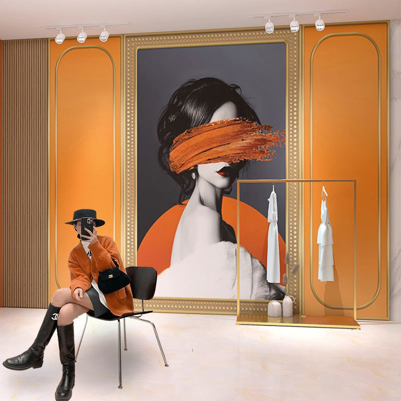 时尚橙墙纸网红女装直播间背景墙造型壁布3d轻奢美容院壁纸