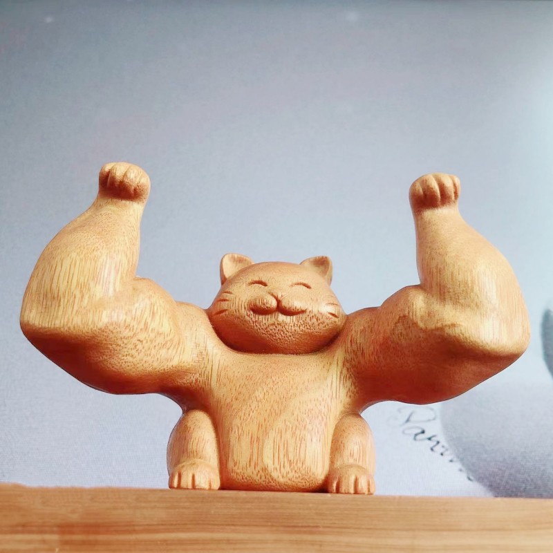 黄杨木雕猫大力劫财猫开业送礼小摆件肌肉猫网红前台创意猫-阿里巴巴
