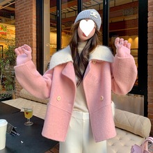 温柔风粉色双面呢大衣女短款2024秋冬季新款小个子高级感毛呢外套
