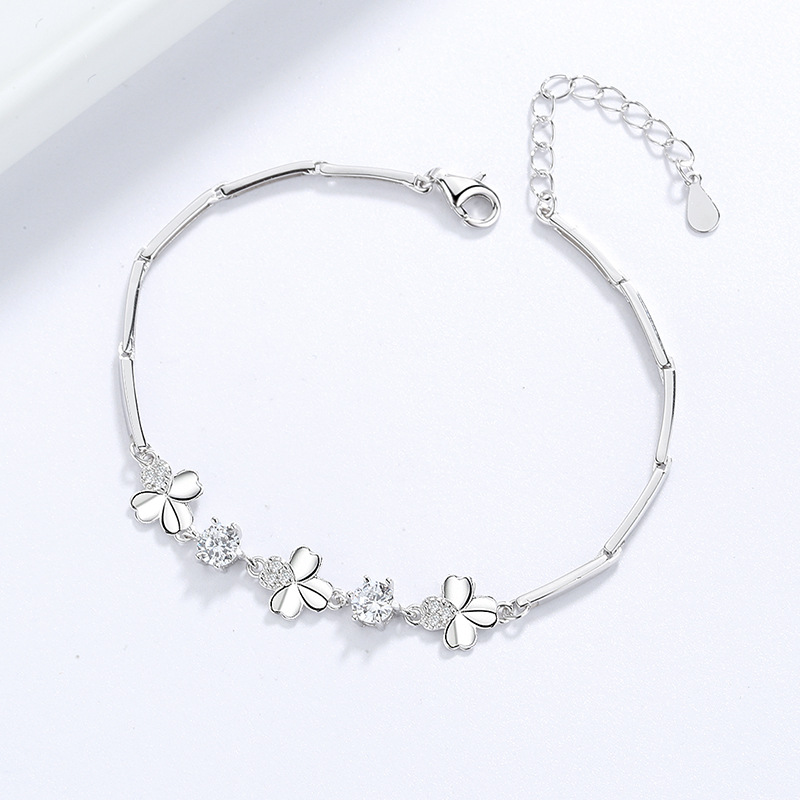 s925纯银锆石幸运四叶草手链日韩ins女紫蓝水晶手饰品送闺蜜礼物