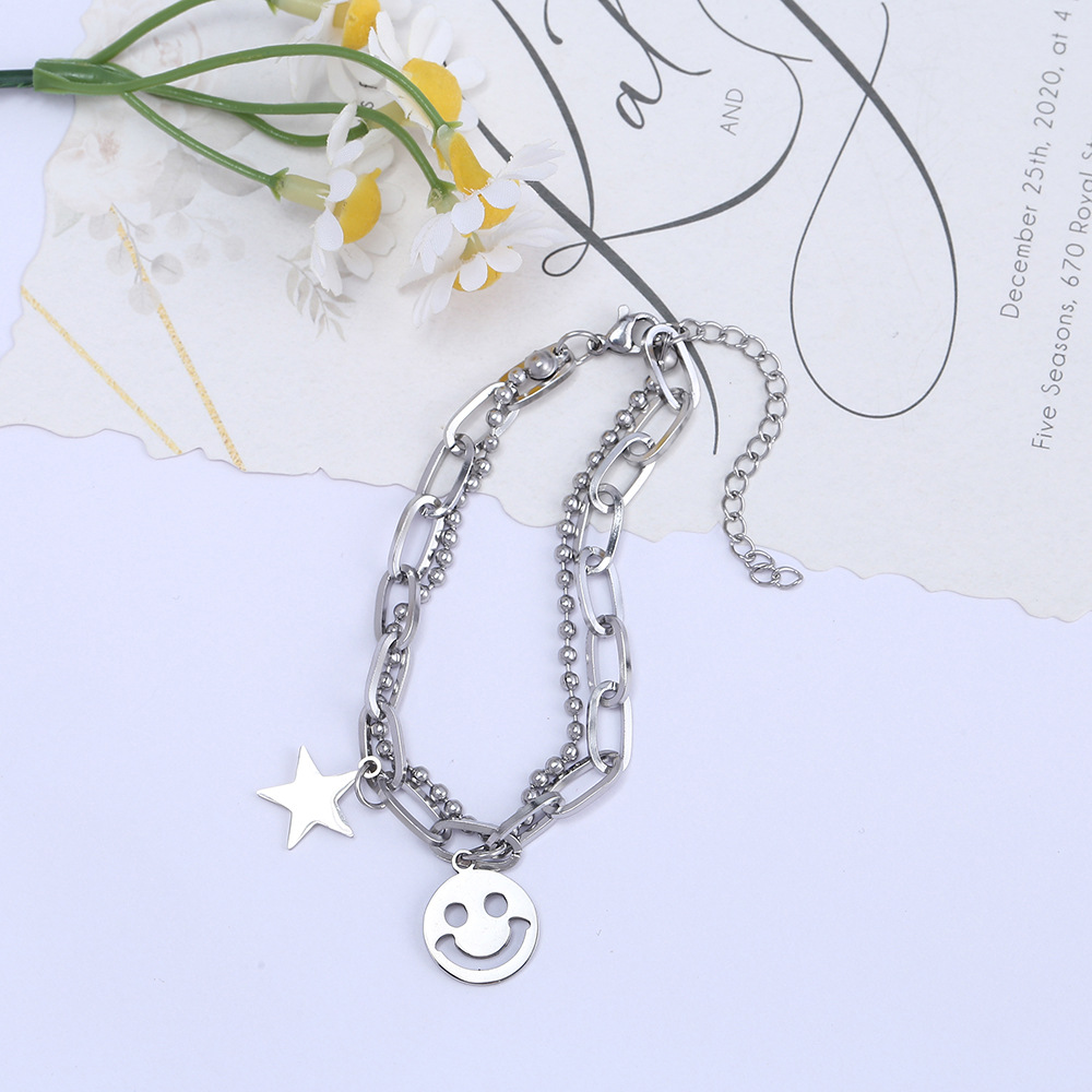 Japanese and Korean Style Harajuku Style Smiley Titanium Steel Bracelet Ins Special-Interest Design Student Minimalist Five-Pointed Star Double Chain Stitching Chain