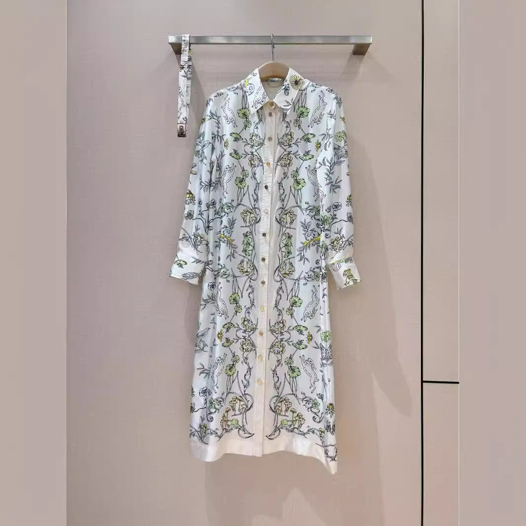 法式2024新款真丝斜纹绸兔子印花知性优雅气质大方长袖衬衫连衣裙