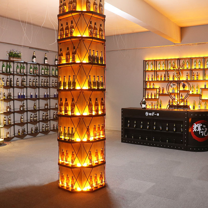 酒吧餐厅铁艺隔断墙面柱子装饰红酒架酒吧台发光展示啤酒架柜