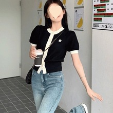 2024短袖正肩T恤女夏季小个子冰丝针织衫高腰短款显瘦泡泡袖上衣