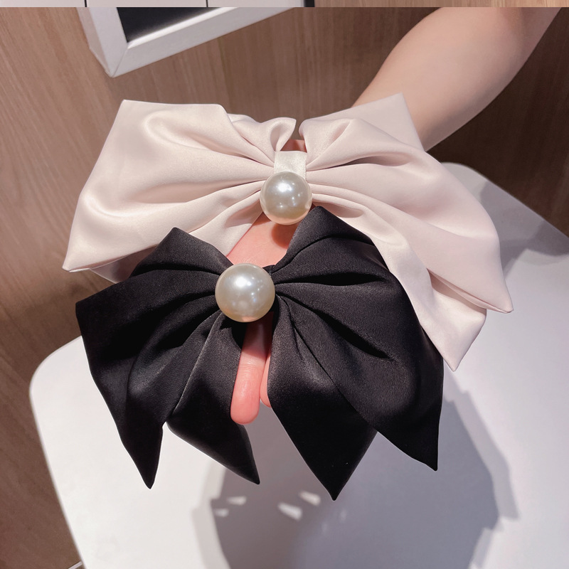 Oversized Pearl Fabric Bow Barrettes Korean Internet Celebrity Back Head Clip Hairware Hairpin Temperament Elastic