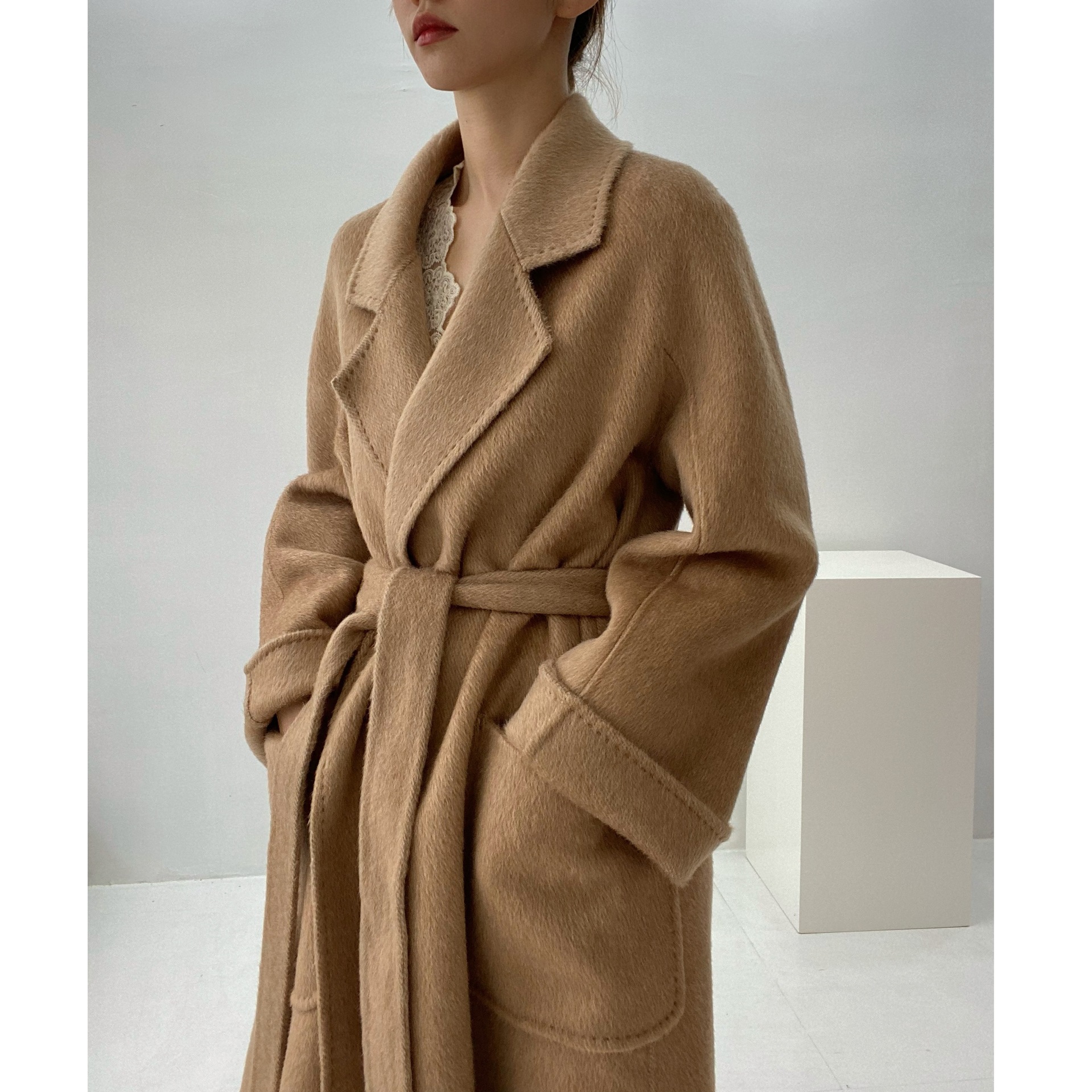 双面羊绒大衣女秋冬款max睡袍宽松系带labbro桑蚕丝羊毛毛呢外套