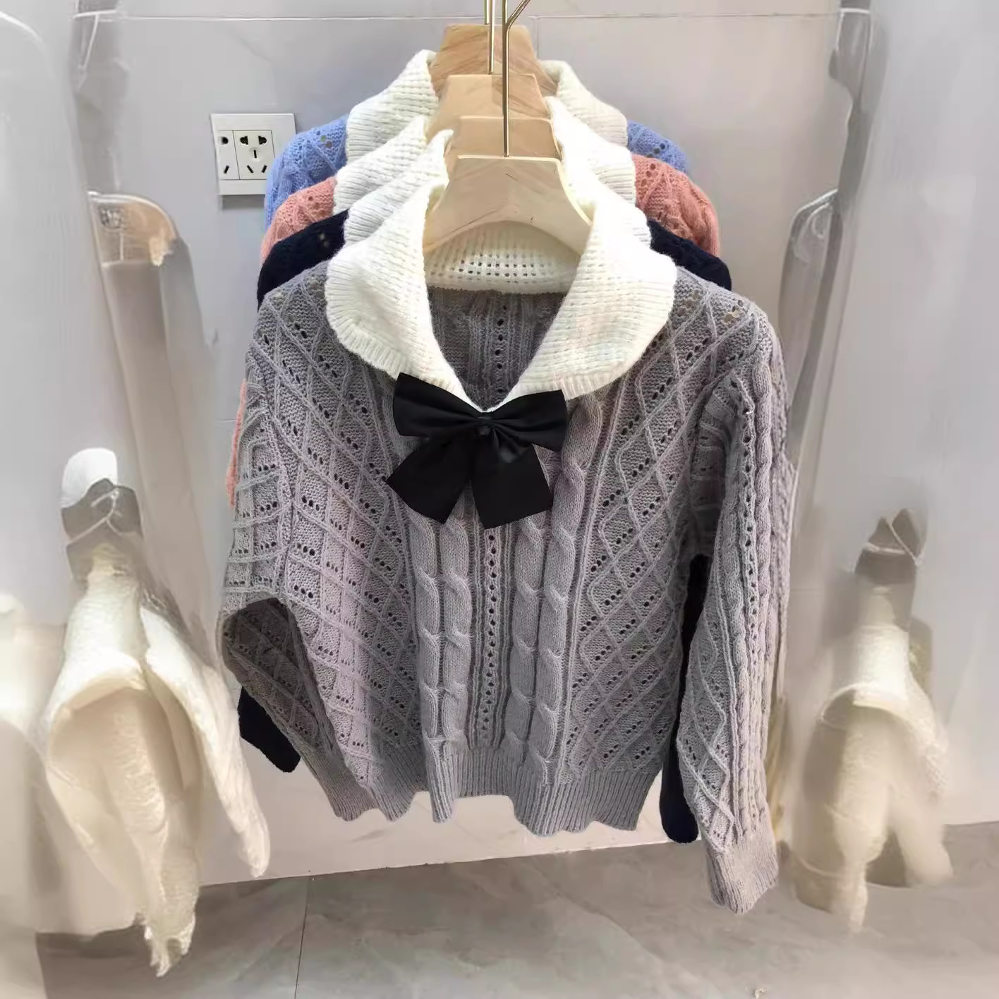 秋日协奏曲韩系蝴蝶结翻领菱格针织衫毛衣2023实拍新款针织衫毛衣