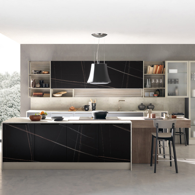 岩板橱柜门板 隐框门板 哑面劳伦特黑金铝合金框家装柜门岩板定制