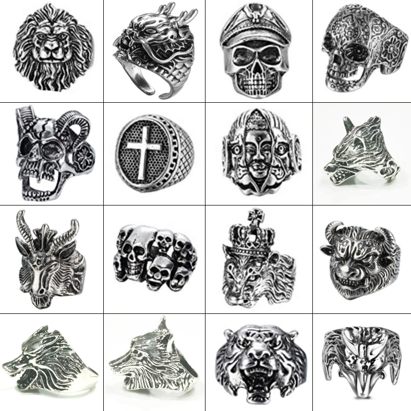 Cross-Border Hot Sale Punk Ring Domineering Personalized Men's Lion's Head Skull Wolf Head Leopard Head Buddha Ring