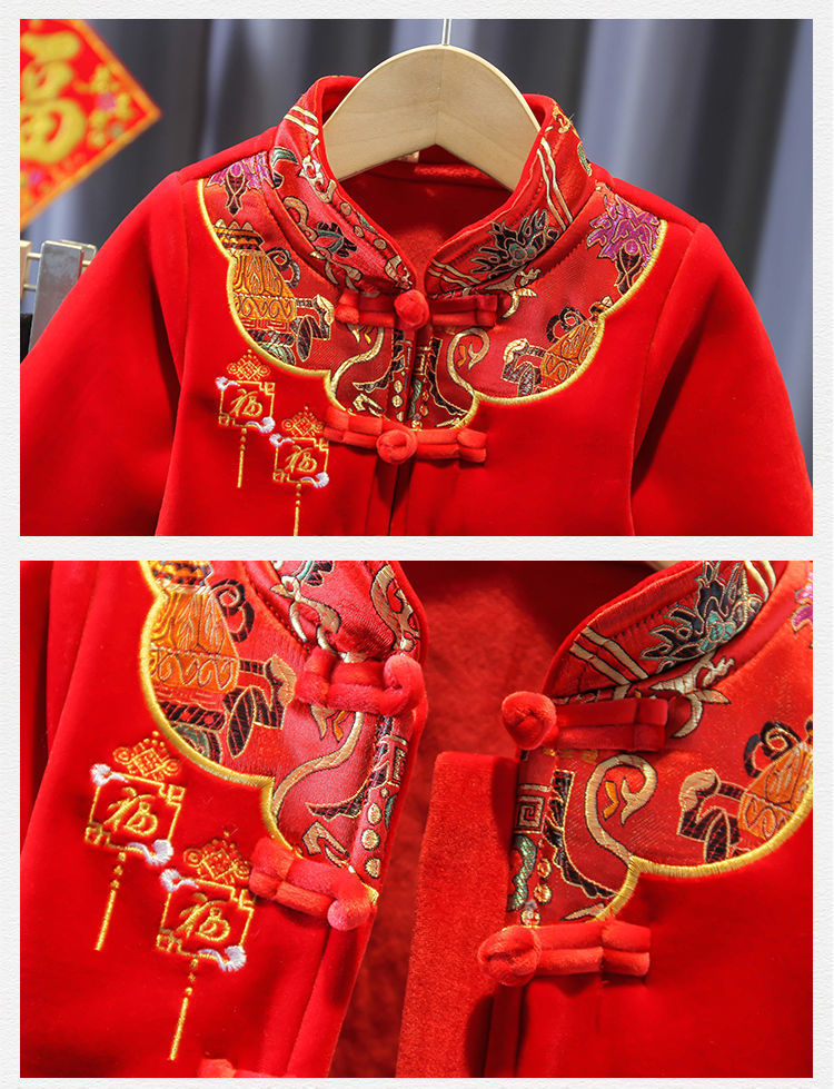 儿童唐装男童汉服拜年服套装加厚秋冬装男女宝宝新年装中国风童装
