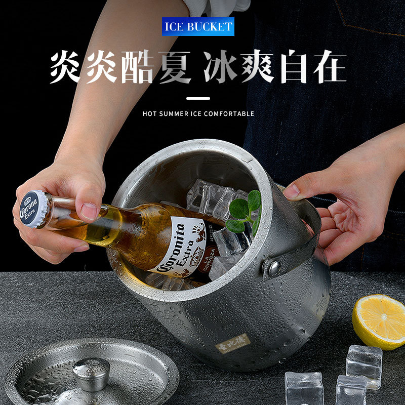 Amazon Simple 304 Stainless Steel Ice Bucket Champagne Bucket Outdoor Thermal Beer Barrel Double-Layer Straight Bar Supplies