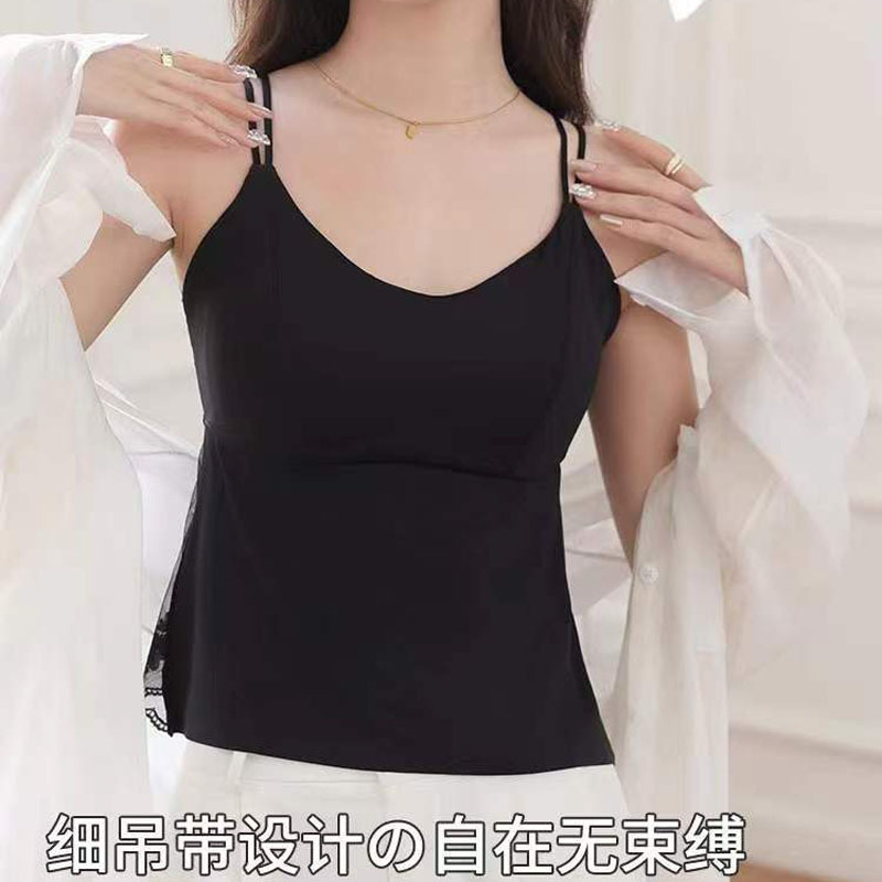 2352夏季冰丝吊带蕾丝细带美背背心韩版固定杯免穿文胸大码内衣女