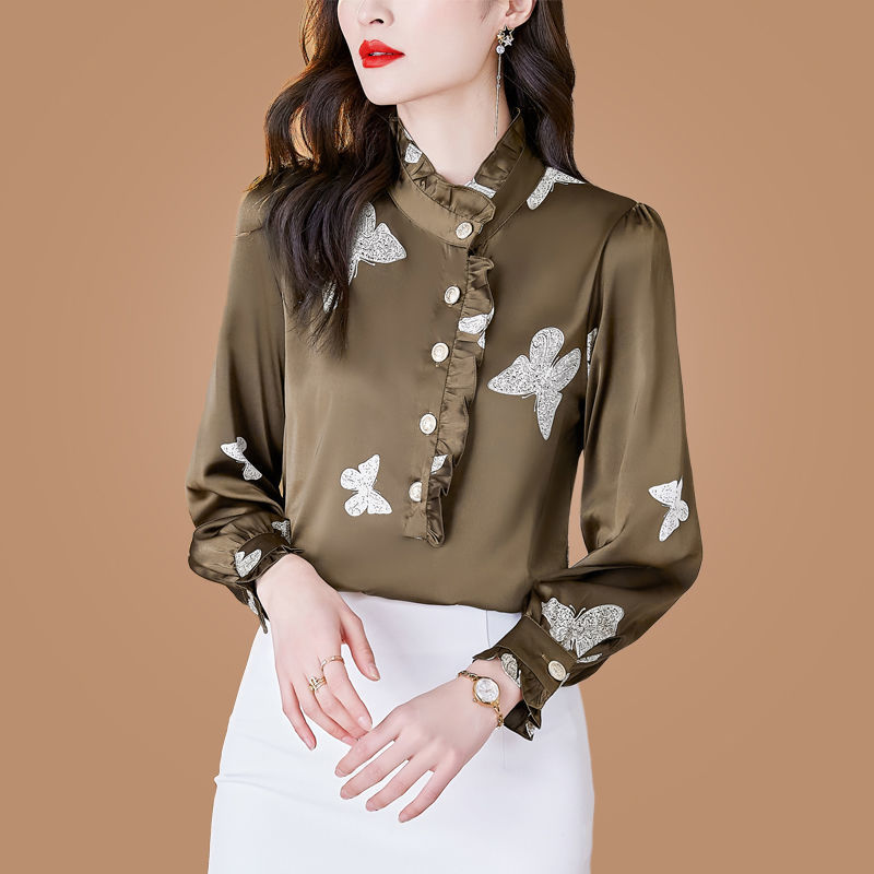 2022春秋新款重磅真丝衬衫女长袖时尚立领衬衣缎面桑蚕丝印花上衣