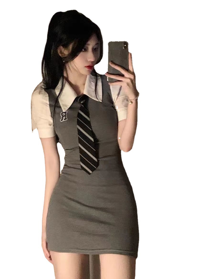 JK Pure Desire Polo Tie Fake Two Pieces Short Sleeve Waist Slimming Slim Tight Sheath College Style Dress for Women Summer