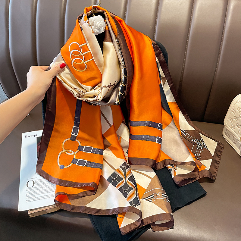 spring and autumn western style printed silk scarf saddle buckle diamond plaid stitching artificial silk shawl summer sun-proof sunscreen beach towel