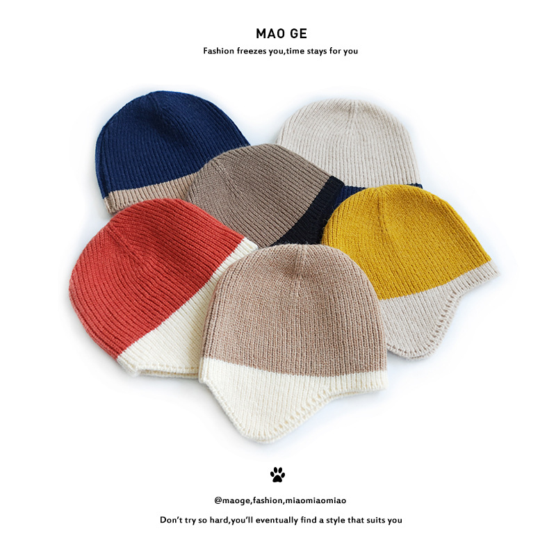 Chengwen Children's New Knitted Hat Boys and Girls Baby Color Matching Earmuffs Hat Fashion Individual Casual Wool Hat