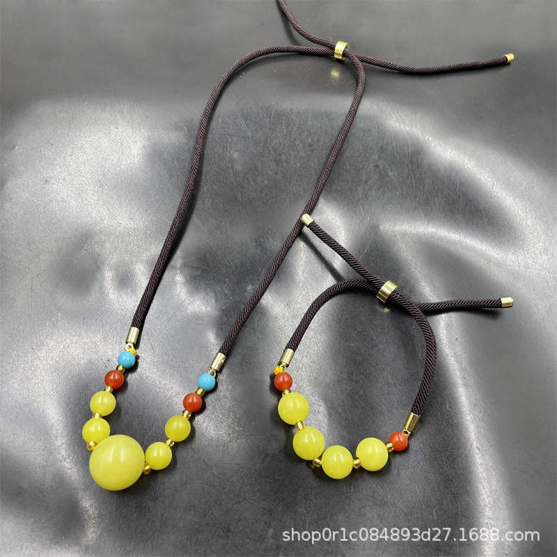 黄金玉岫玉锁骨项链手链套装女士老黄玉蛇纹石玉圆珠项链手链套装