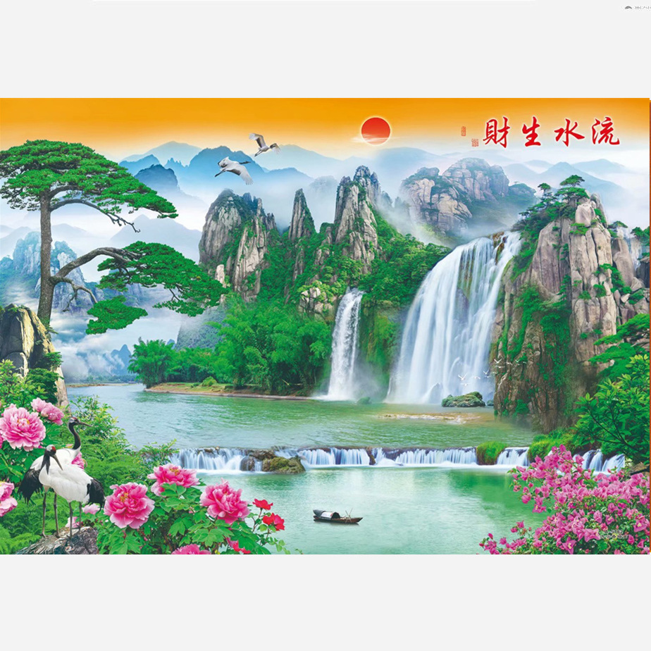 风水画瀑布山水风景画客厅家居墙画年画装饰画复膜贴画俩批发