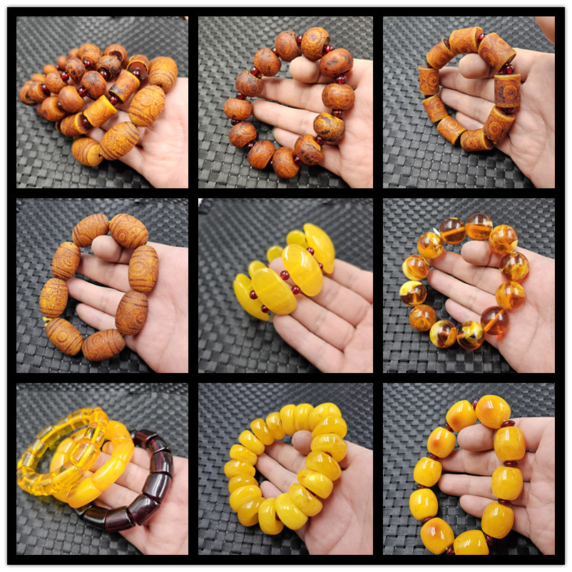 蜜蜡三眼天珠路路通手链橘红色佛字手串鸡油黄蜜蜡算盘珠手链随型