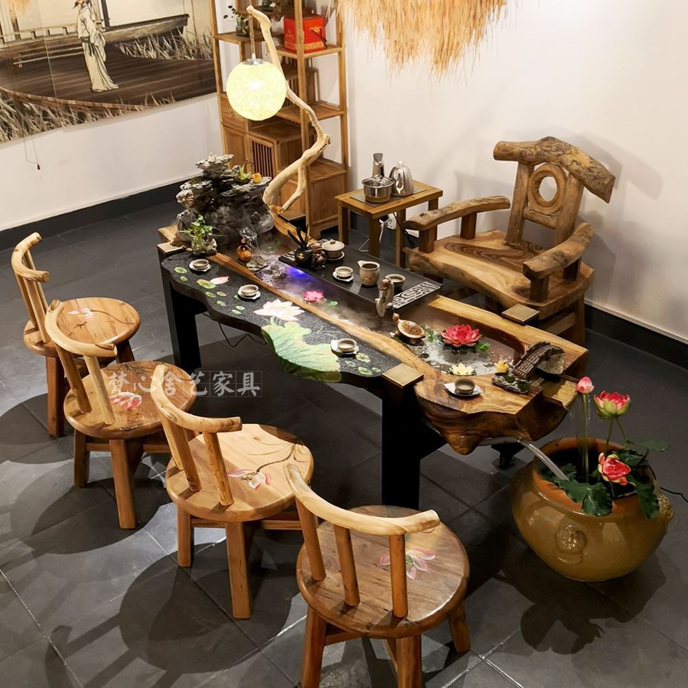 流水茶桌茶台养鱼老船木茶几桌茶桌椅茶楼桌椅组大型新中式组合