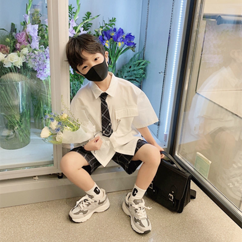 男童夏季套装2022新款jk薄款领带学院帅气校园五分夏季链条两件套